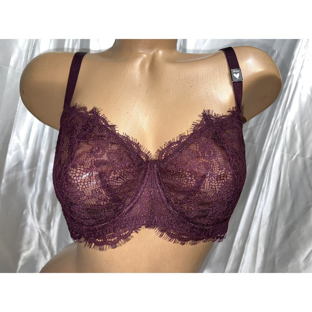 Victoria's Secret Bra Very Sexy Push Up W/O Padding 36C Eyelash Lace Burgundy
